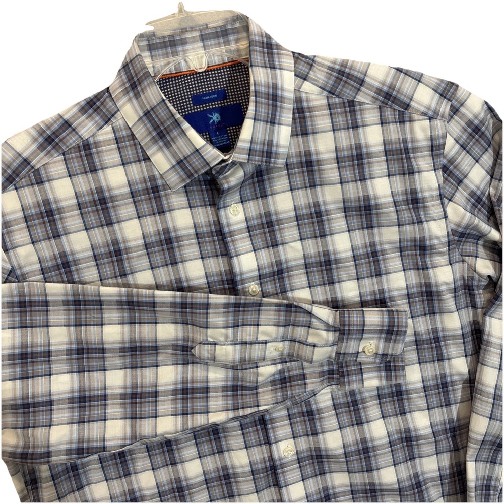 Egara Shirt‎ Mens LARGE Blue Gray Plaid Non Iron STRETCH Button Down Flip Sleeve